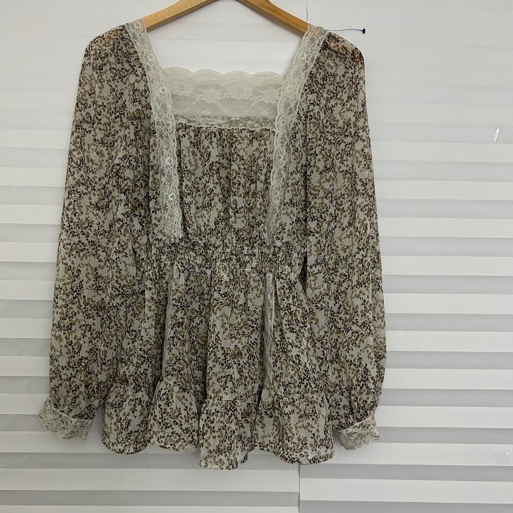 Candies Floral Lace Cottagecore Peplum Blouse Cream Olive Brown Square Neck L